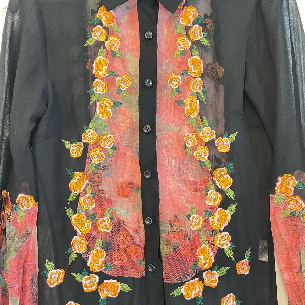 FEiNNYS Black Silk Sheer Floral Embroidered Dainty Romantic Bodysuit, Size Small - Picture 2 of 11